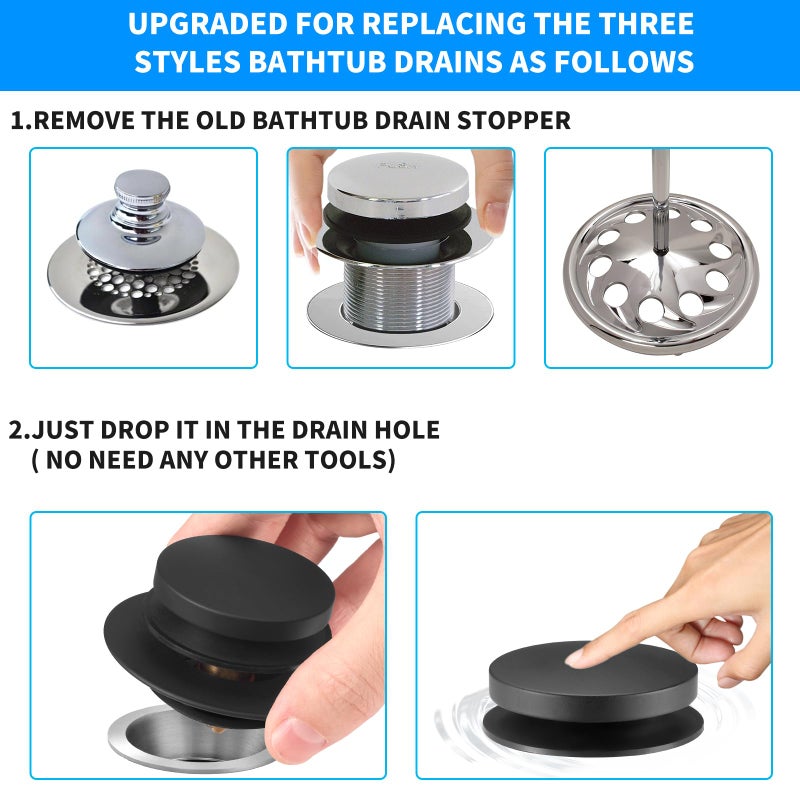 Uxoz Bathtub Drain Stopper  Uxoz Universal Tub Stopper for Replacing Tip Toe/Trip Lever/Lift&Turn Tub Drain  Bath Tub Drain Stoppers Desiged for 1.5"" to1.72 Drain Hole with 3 O-Rings  Matt Black - Image 3